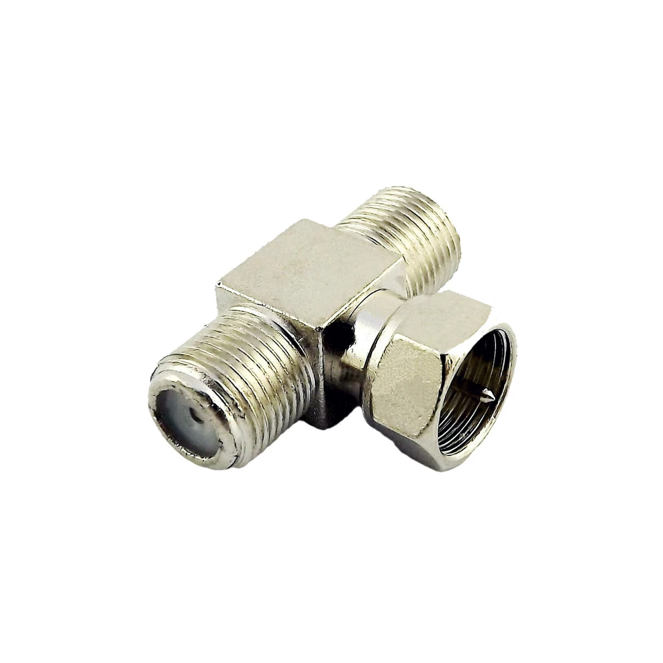 RF Splitter Coax Connector Adapter F Male Plug To 2x F TV Female T Triple 1M2F - Image 1 of 4