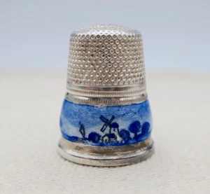 Sterling 935 Silver ~ DUTCH DELFT ENAMEL THIMBLE ~ Vintage Windmill Size 8 - Picture 1 of 6