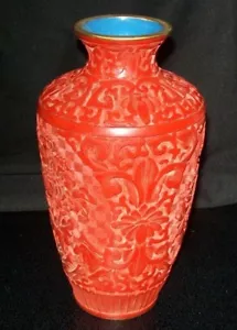 Vintage Chinese Carved Cinnabar Oval Vase on Blue Enamel 12" Diameter x 71/4"H - Picture 1 of 9