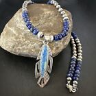 Feather Blue Denim Lapis Pendant Inlay Navajo Sterling Silver Necklace 16767