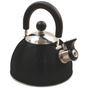 HIGHLANDER 2 LITRES DELUXE STAINLESS STEEL WHISTLING KETTLE HIKING CAMPING BLACK