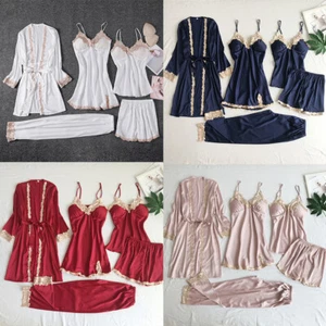 5PCS Women Sexy Satin Silk Pyjamas Sets Kimono Nightdress Pant Sleepwear Suits - Picture 1 of 17