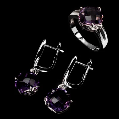 Anello Orecchini Collana In Amatista Rotonda In Argento Sterling 925 10mm - Immagine 1 di 4