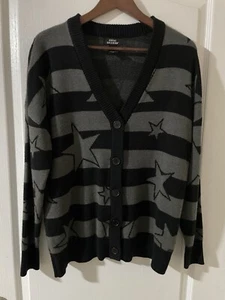 Social Collision Hot Topic Cardigan Sweater Sz Small Black Gray Striped Stars - Picture 1 of 3