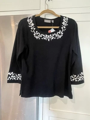 NWT Croft & Barrow Sz M Black with White Floral Embroidery Pullover Knit Top - Image 1 of 4