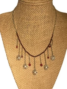 Gold Tone Necklace Red Seed Beads Dangling Floral Charms Choker Collar Boho 15" - Picture 1 of 4