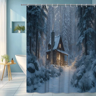 Acogedora cabina de invierno bosque nevado madera rústica pacífica escena nocturna cortina de ducha Foto 1 de 4