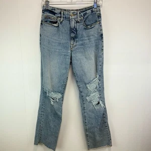 Good American Good Boy GBFH235T High Rise Distressed Straight Raw Hem Jeans 4/27 - Picture 1 of 12