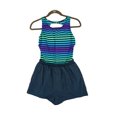 Traje de baño Orvis para mujer 12 pantalones cortos a rayas multicolores sin mangas acanalados modesto Foto 1 de 4