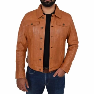 Leather Jacket Mens Biker Coat Motorcycle Vintage Men Bomber Lambskin Tan 110 - Picture 1 of 5