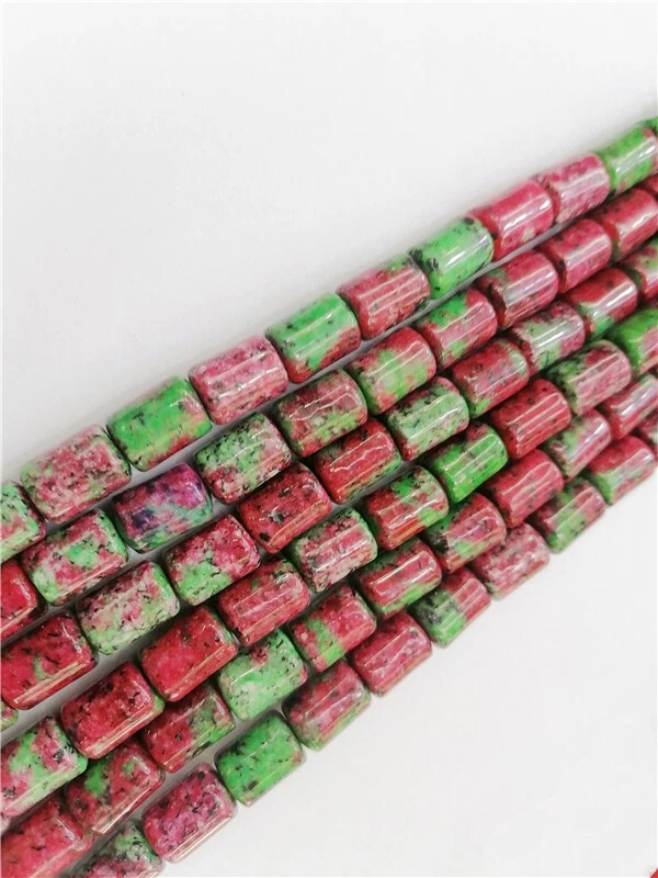 1 Strand 14x10mm Rose&Green Ruby in Fuchsite Cylinder Spacer Beads 15.5" HH8831 - Image 1 of 1