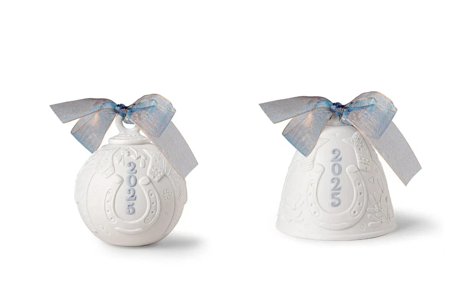 LLADRÓ LLADRO, 2025 ANNUAL BLUE CHRISTMAS BELL & BALL SET, #18484/6 NEW, MINT & BOXED!