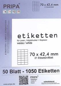 1050 Etiketten 70x42,4mm 50 A4-Bögen Tinte/Laser/Copy Label selbstklebend PRIPA - Bild 1 von 1