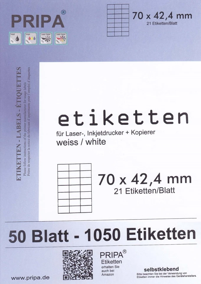 1050 Etiketten 70x42,4mm 50 A4-Bögen Tinte/Laser/Copy Label selbstklebend PRIPA - Bild 1 von 1