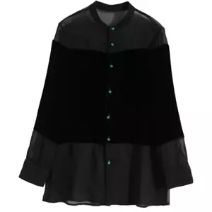 Women Ethnic Velvet Mesh Blouse Shirts Top Long Sleeve Tops Retro Sheer Splice - Picture 1 of 12
