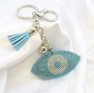 Evil Eye Blue Keyring Greek Turkish Bling Silver Key Ring Keychain Bag Charm - Picture 1 of 3