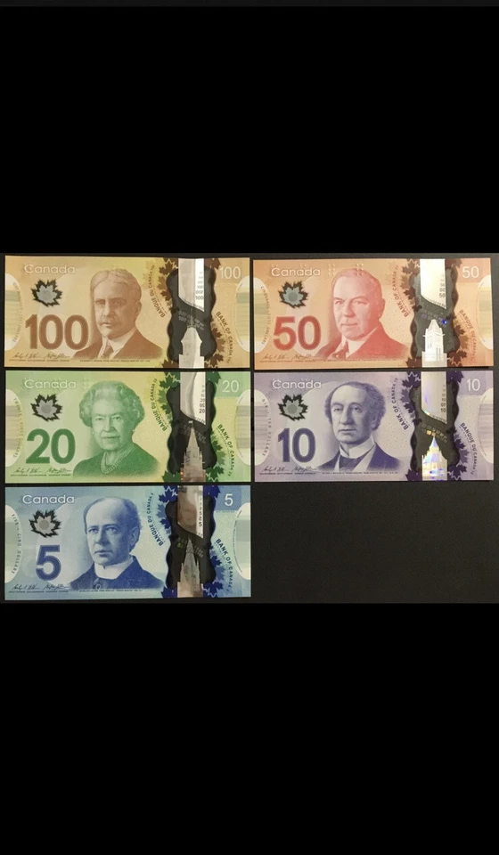Canada 100 + 50 + 20 + 10 + 5 Banknotes. circulated Canadian Frontier series CAD - Image 1 of 1