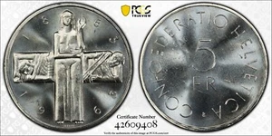 1963 B Switzerland Silver 5 Francs Red Cross PCGS MS66 Bright White Gem 1812 - Picture 1 of 5