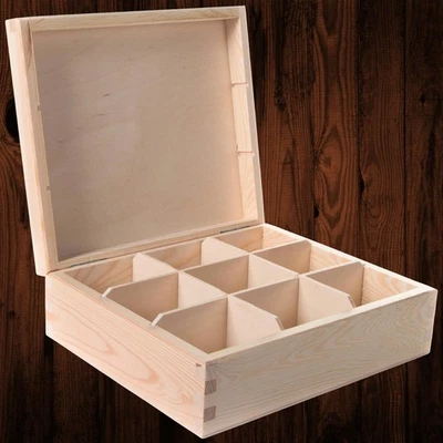 9 Compartment Organiser Box Natural Wood Storage Small Items Trinkets Keepsakes - Image 1 of 4