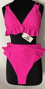 Hot Pink Damen Rüschen High Waist Badeanzug Bikini Zweiteiler Größe Large - Bild 1 von 11