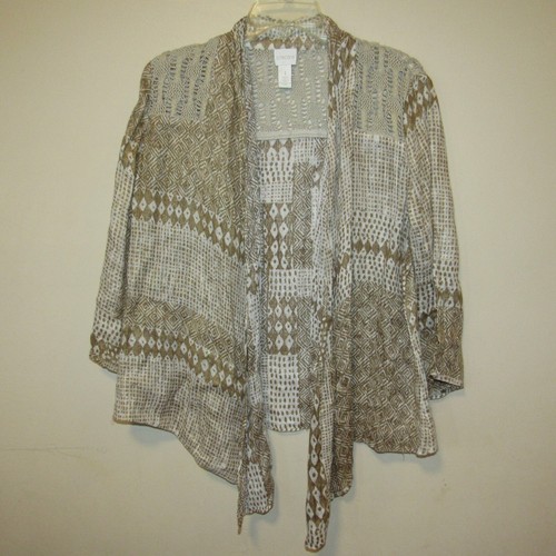 OFF WHITE Giacca aperta leggera Chicos 100% lino marrone bianco sporco oro stampa tribale tg 1 M