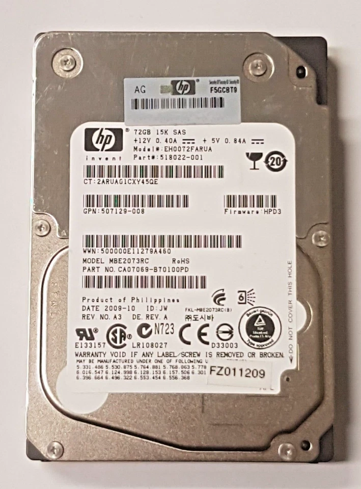 72 GB SAS HP EH0072FARUA MBE2073RC 15000 RPM 16MB HDD 2.5" Disco Rigido Interno - Immagine 1 di 1