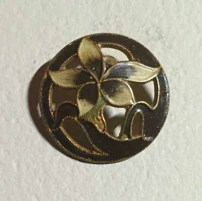 French Enamel Button Champleve Art Nouveau w Flower Pierced 7/8" Autumn Tones - Image 1 of 4