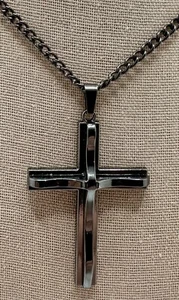 Men's Huge Stainless Steel Large Cross Pendant Necklace Gunmetal Finish 28" - Picture 1 of 5
