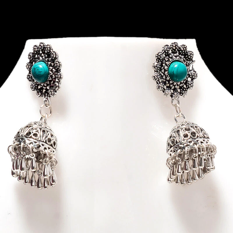 TURQUOISE GEMSTONE HANDMADE OXIDIZDE EARRING 2'' - Image 1 of 1