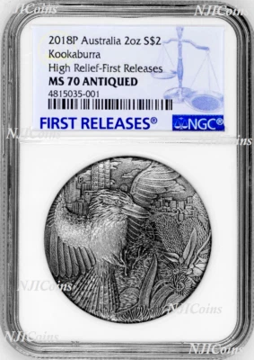 2018 AUSTRALIA Kookaburra HIGH RELIEF ANTIQUED 2oz Silver $2 COIN NGC MS70 FR - Image 1 of 4