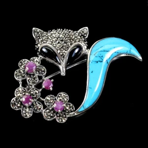 925 Sterling Silver Brooch Turquoise Stabilized Ruby Natural Gemstone Jewelry - Picture 1 of 10