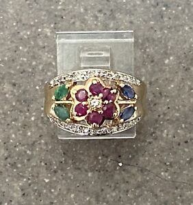 Vintage 14K Yellow Gold Blue Sapphire Emerald Ruby & Diamond Flower Ring