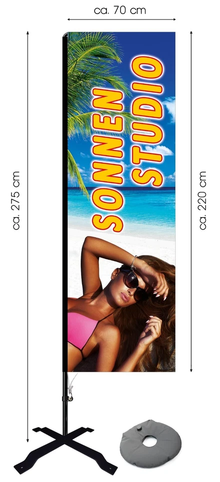 FELIXFLAGGEN Beachflag Sonnenstudio ca 275 cm hoch Werbung Flagge Solarium Fahne Nagel Banner