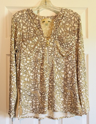 Top donna Michael Kors zip davanti maglia osso e catena oro manica lunga media