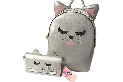 Betsey Johnson Backpack Wristlet/Wallet Tote X-body Kitty Cat Face  Silver NWTs - Image 1 of 4