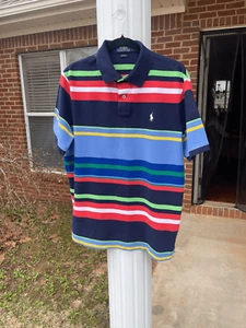 Polo Ralph Lauren Men Polo Shirt L Blue and Red 100% Cotton Striped Classic Fit - Picture 1 of 8