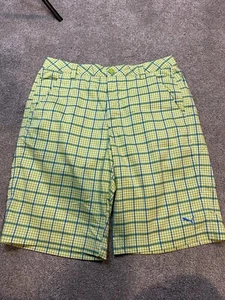 Puma Men's Flat Front Polyester Flex Green Blue Check Golf Shorts 32 Cobra # 105 - Picture 1 of 5