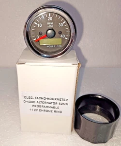 Tachometer/Hourmeter 0-4000 RPM Alternator Signal Gauge Black chrome +12V - Picture 1 of 4