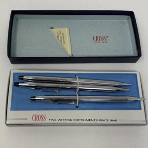 Vintage Cross Pen blaue Tinte & 2 Bleistifte Set Chrom #3501 ein Bleistift braucht Mine - Bild 1 von 9
