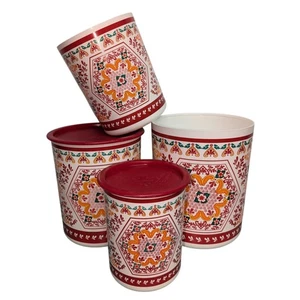 Vintage Tupperware One Touch 6-PC Canister Set Rosemaling Medallion Floral Print - Picture 1 of 8
