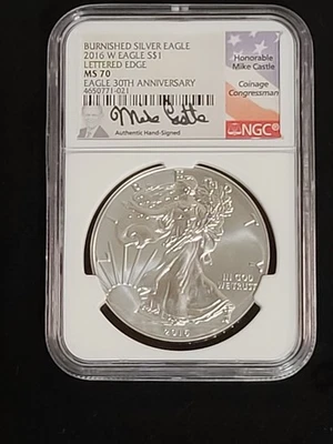 2016 W Silver Eagle polido NGC MS70 30º aniversário Mike Castle assinado - Imagem 1 de 2