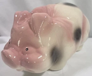Vintage großes rosa/schwarz/weißes Schwein mit Schleife Sparschwein - Bild 1 von 10
