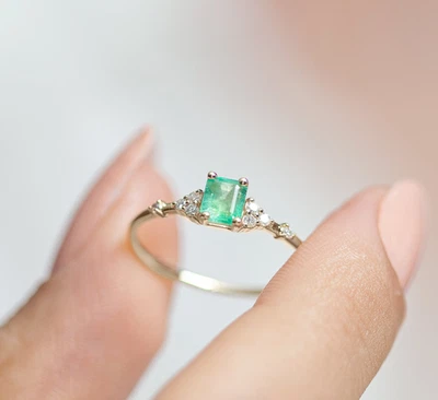 Minimalist Emerald Engagement Ring 14K Yellow Gold Plated Moissanite Ring Silver - Image 1 of 4