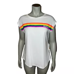 DKNY Sport White Rainbow Striped Logo Tank Top Women's Large NWT - Picture 1 of 9