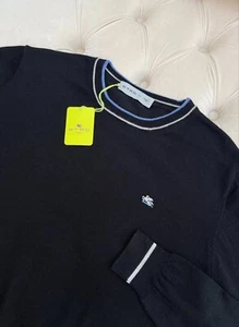 Men's ETRO Milano Pullover Wool Knit Logo Crew Neck Black Sweater M size - Picture 1 of 6