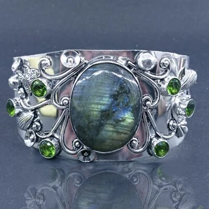 925 Sterling Silver Labradorite & Green Peridot Gemstone Jewelry Cuff Bracelet - Picture 1 of 8