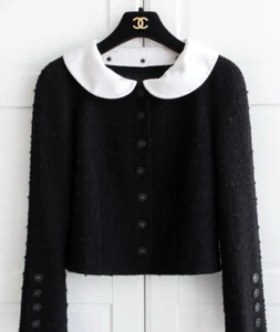 CHANEL 09A BLACK CC LOGO BUTTONS JACKET w/DETACHABLE COLLAR FR42 US8-US10 - Picture 1 of 12