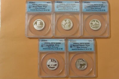 2018 S PROOF SILVER 5 COIN QUARTER SET ANACS PR70 DCAM ATB NATIONAL PARKS FR - Image 1 of 4
