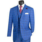 VINCI Men's Royal Blue Windowpane 3 Piece 2 Button Modern Fit Suit NEW