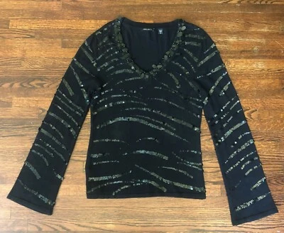 Venini Nights V Neck Sweater Black with Sparkle Sequins Long Sleeve Soft~S - Image 1 of 4